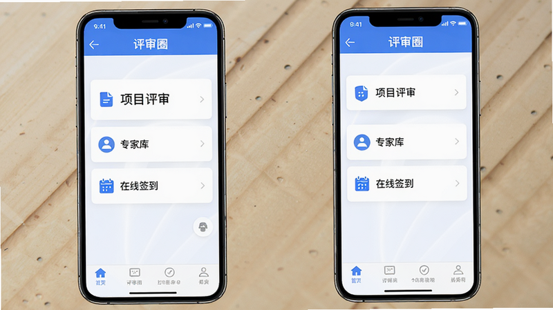 主体为一款名为“评审圈”的手机APP界面展示图,布局清晰,顶部显示导航栏,中部为核心功能列表如“项目评审”、“专家库”、“在线签到”,底部为标签栏,风格为现代扁平化设计,蓝色为主色调,细节处包含微小的图标和文字“评审圈”,画质高清,干净,无多余元素