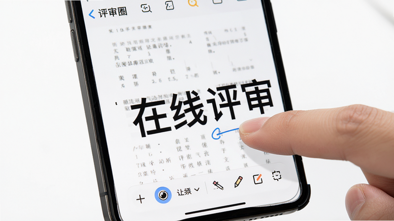 主体为一部智能手机显示“评审圈”APP的文档阅读界面,布局全屏显示PDF文档,底部有缩放和标注工具栏,风格极简,细节处手指正点击屏幕进行标注,文字“在线评审”,画质高清,背景纯白,无多余装饰