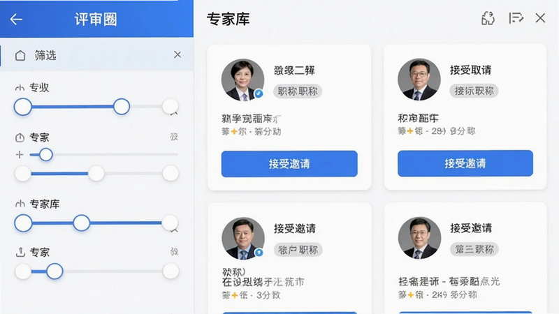 主体为“评审圈”APP内的专家匹配界面截图,布局呈现左右分栏,左侧为筛选条件滑块,右侧为专家卡片列表,包含头像、职称标签及“接受邀请”按钮,风格简洁商务,细节丰富,文字标注“专家库”,画质清晰,无背景干扰
