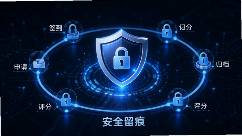 主体为“评审圈”软件的数据安全与流程追踪示意图,布局中心为一个盾牌图标,周围环绕着时间轴节点,节点上标注“申请”、“签到”、“评分”、“归档”,风格科技感强,蓝色光效,细节处有锁形图标,文字“安全留痕”,画质锐利,无杂色