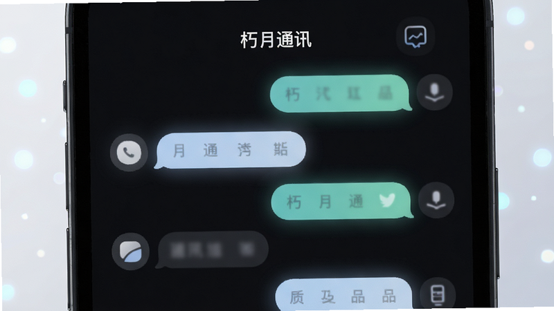 主体为手机屏幕特写,展示“朽月通讯”的深色模式界面,布局居中,排版对称,风格简约科技风,细节包含发光的聊天气泡和柔和的UI图标,画质清晰,干净,无多余元素