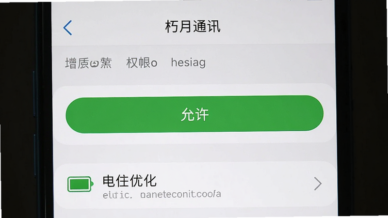 主体为手机设置界面截图,展示“朽月通讯”的权限管理页面,布局清晰,排版整齐,风格为系统原生UI,细节包含高亮的“允许”按钮和电池优化选项,画质清晰,干净,无多余元素