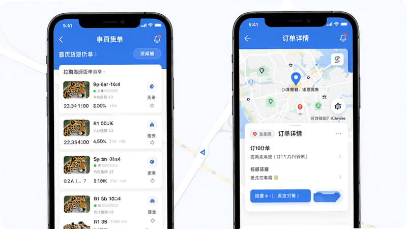 主体为拉豹接单应用界面,展示首页货源列表、地图定位及订单详情卡片,布局整洁,采用蓝白配色,风格现代简约,细节丰富,高清画质,干净无多余元素