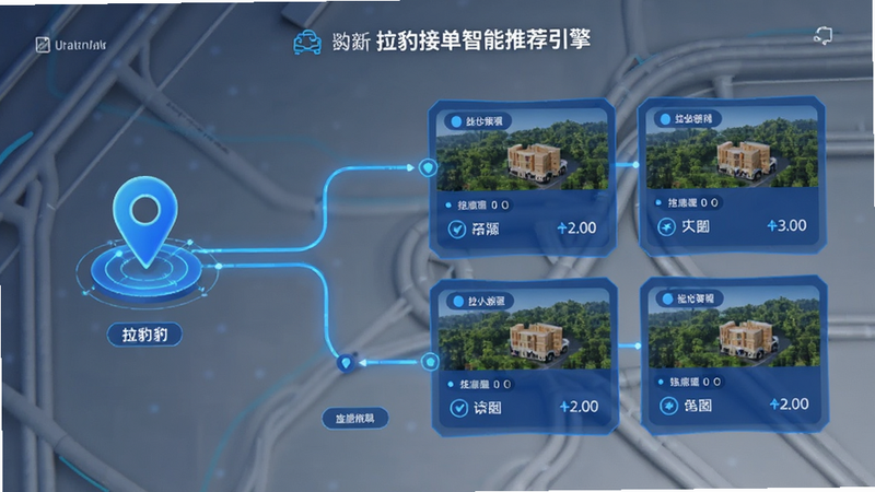 展示拉豹接单智能推荐引擎,左侧为司机位置图标,右侧为多个货源卡片,中间有连接线条表示匹配逻辑,风格科技感,蓝色主调,高清,无多余装饰