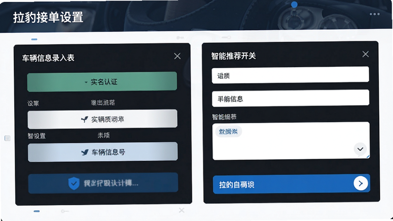 拉豹接单设置界面,显示实名认证步骤、车辆信息录入表单及智能推荐开关,布局清晰,扁平化设计,蓝色高亮关键按钮,高清,无多余元素