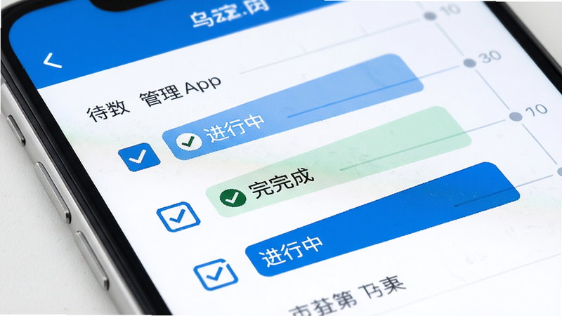 乌兹宝App的任务管理界面特写,展示了一个整洁的待办事项列表,每个任务前有复选框,背景带有淡淡的时间轴线条,风格简约商务,色彩搭配为白底蓝边,突出“已完成”和“进行中”的状态区别,画质清晰,细节丰富,无水印
