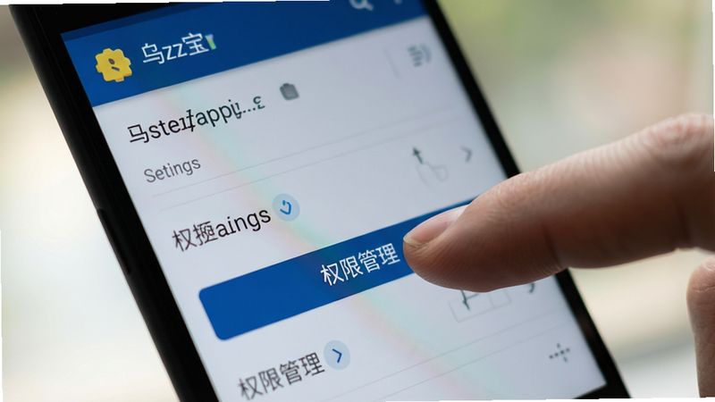 一部安卓手机屏幕的特写,显示乌兹宝App的设置界面,手指正在点击“权限管理”按钮,背景虚化,突出操作细节,风格写实,光影自然,画质清晰,无其他干扰元素,文字清晰可读