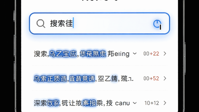 乌兹宝App的搜索界面,顶部有一个醒目的搜索框,光标闪烁,下方展示几行带有高亮关键词的搜索结果,界面背景为纯白色,强调速度与精准,风格科技感强,光影柔和,文字排版整齐,画质高清,干净利落
