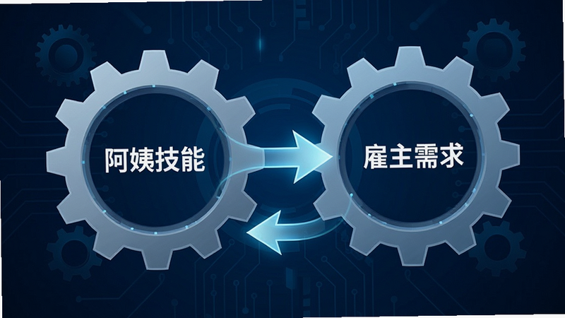 一张抽象的AI匹配概念图,主体为两个齿轮咬合,左侧齿轮标注“阿姨技能”,右侧齿轮标注“雇主需求”,中间连接着发光的箭头,背景为深蓝色科技风,排版对称,风格极简,细节清晰,8K画质,干净无杂质