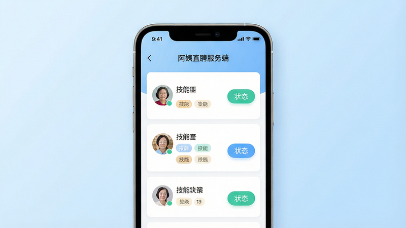 一张展示移动端应用界面的高质量UI设计图,主体为“阿姨直聘服务端”APP的手机屏幕预览,布局清晰,顶部显示应用名称,中间是列表式的订单管理界面,包含头像、技能标签和状态按钮,背景为干净的浅蓝色渐变,风格现代简约,细节丰富,4K高清,无多余元素