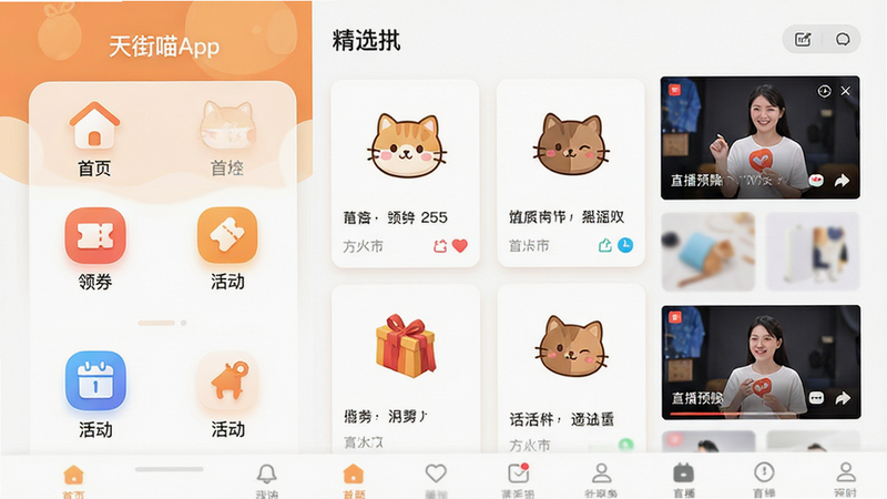 主体为天街喵APP界面全景图,布局采用左右分栏结构,左侧展示核心功能入口如“首页”、“领券”、“活动”,右侧展示精选商品卡片与直播预览窗口,排版整洁有序,风格为现代扁平化设计,细节处包含柔和的阴影效果与清晰的图标设计,画质高清,干净,无多余元素,文字标签清晰可见,整体色调温馨活泼,体现本地生活服务的便捷与亲切感