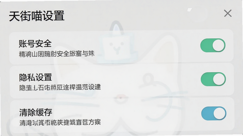主体为天街喵设置界面,布局为列表式菜单,包含“账号安全”、“隐私设置”、“清除缓存”等选项,背景为浅灰色,风格为简洁专业,细节处显示开关按钮与说明文字,画质清晰,干净,无多余元素,文字“天街喵设置”标题清晰,体现管理的便捷与规范