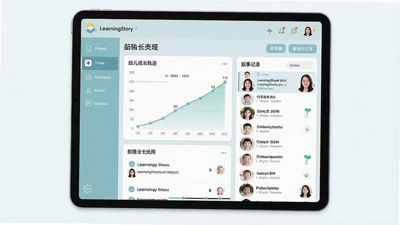 一张展示LearningStory园长端应用界面的全景图,主体为平板电脑屏幕,显示着清晰的幼儿成长轨迹图表和叙事记录列表,布局整洁,左侧为功能导航栏,右侧为数据可视化区域,风格简约现代,采用柔和的蓝绿色调,细节处可见教师头像和幼儿照片缩略图,画质高清,干净无多余元素