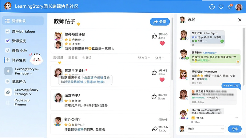 LearningStory园长端协作社区界面,主体为教师帖子列表和评论互动区,布局为左右分栏,左侧为资源列表,右侧为实时聊天窗口,风格活泼友好,细节包含点赞图标和分享按钮,画质细腻,无杂乱元素