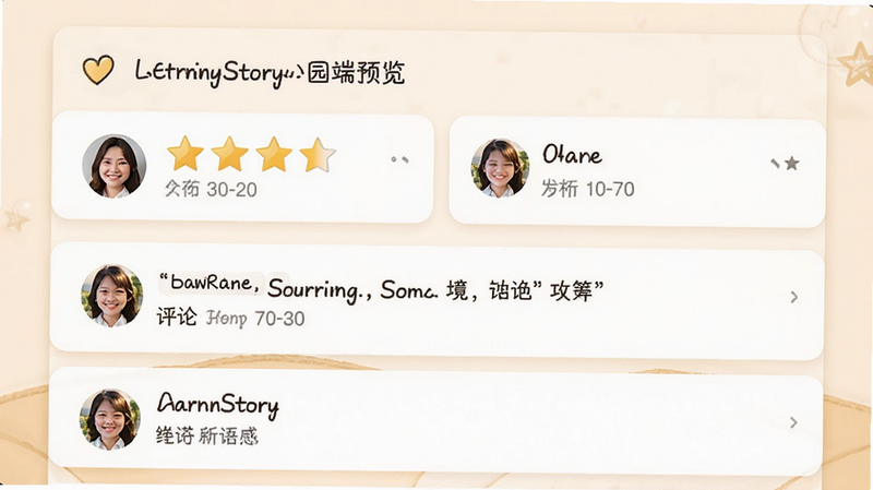 LearningStory园长端用户评价界面预览,主体为五星评分和文字评论列表,布局为卡片式排列,风格温馨积极,细节包含用户头像和发布日期,画质高清,无杂乱背景