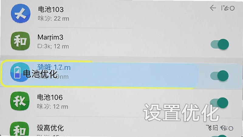 主体为手机设置界面截图,高亮显示“电池优化”选项,布局清晰,排版标准安卓UI风格,细节显示应用列表与设置开关,画质清晰,干净无水印,文字标注“设置优化”