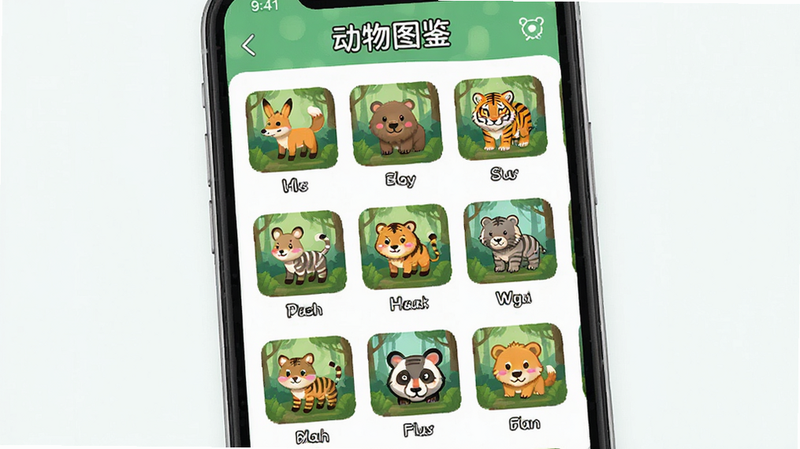 主体为手机屏幕滚动展示的动物图鉴列表,布局为网格状缩略图,排版整齐有序,风格明亮活泼,细节显示不同动物的图标与名称,画质清晰,干净简洁,文字标注“动物图鉴”