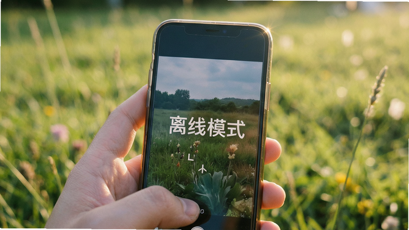 主体为手机在户外草地背景下的使用场景,布局中心为手机屏幕,排版突出屏幕内容,风格生活化写实,细节显示阳光照射在手机边缘,画质柔和自然,干净无干扰,文字标注“离线模式”