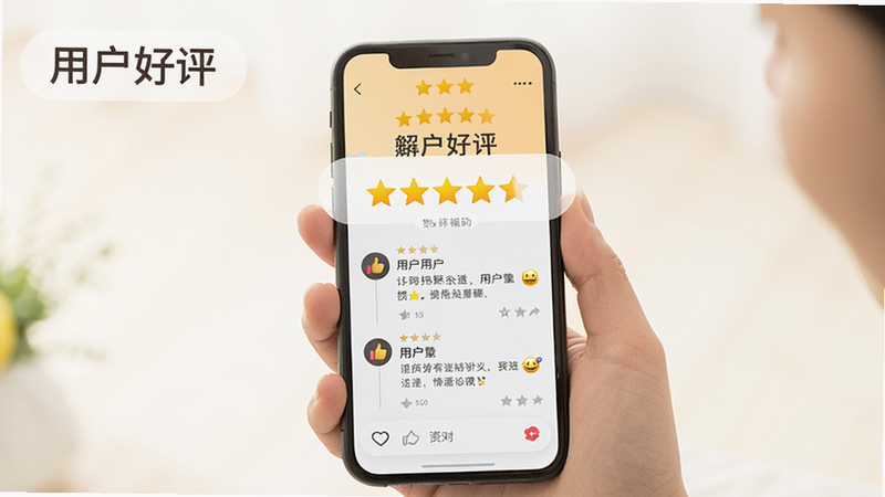 主体为手持手机展示应用好评界面,布局突出五星好评与用户评论,排版整洁,风格温馨互动,细节显示点赞图标与表情符号,画质明亮,干净背景,文字标注“用户好评”