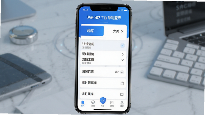 一张高清的手机屏幕界面展示图,主体为“注册消防工程师刷题库”APP的主界面,布局清晰,顶部显示应用名称,中间是分类明显的题库列表,底部有导航栏,风格简约现代,蓝色科技色调,细节处体现流畅的UI设计,画质清晰,无多余元素