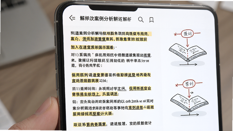 手机屏幕展示某道案例分析题的详细解析页面,解析文字分段清晰,重点关键词高亮显示,旁边配有简单的示意图辅助理解,布局层次分明,风格学术严谨,细节处体现专业性,画质清晰,无干扰元素