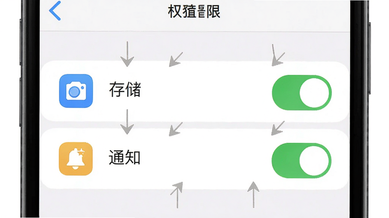 手机设置界面的示意图,展示权限管理页面,突出显示“存储”和“通知”权限开关处于开启状态,布局清晰,图标醒目,风格简洁明了,细节处体现操作指引的直观性,画质高清,无多余信息