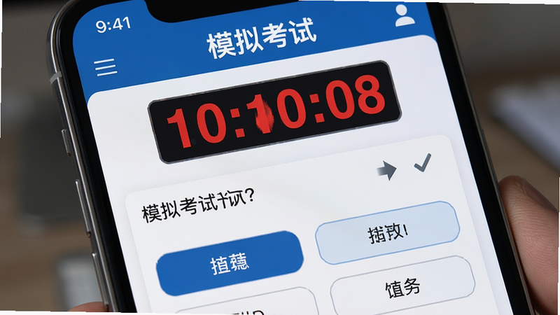 展示手机屏幕上的“模拟考试”界面,倒计时器醒目显示在顶部,下方是题目区域,选项按钮设计符合人体工学,布局紧凑但不过于拥挤,风格严肃专注,蓝色与白色搭配,细节处体现紧迫感与专业感,画质精致,无多余装饰