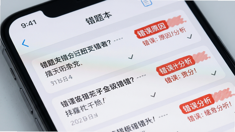 特写镜头展示手机屏幕上的“错题本”功能页面,列表中清晰列出几道错题,右侧有红色标记的错误原因分析,布局整齐,字体清晰易读,背景为柔和的浅灰色,风格专业严谨,细节丰富,画质高,干净无杂质