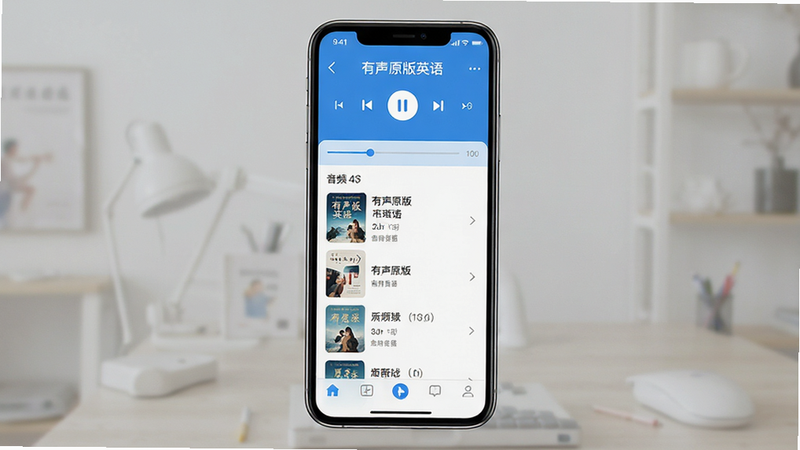 软件界面全景图,主体为手机屏幕显示“有声原版英语”APP界面,布局清晰分为顶部播放控制区、中部音频列表区、底部导航栏,排版简洁现代,风格清新蓝色调,细节包含播放进度条、暂停按钮、书籍封面缩略图,画质高清,干净,无多余元素