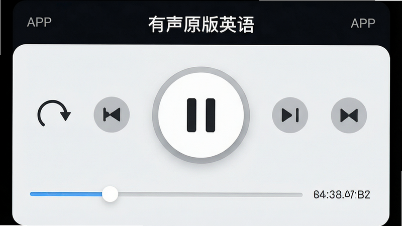 播放控制面板特写,主体为“有声原版英语”APP的播放界面,布局居中显示大号播放/暂停按钮,周围环绕倍速、快进、快退图标,排版对称,风格极简科技风,细节包含进度滑块、当前播放时间、总时长显示,画质细腻,干净,无多余元素