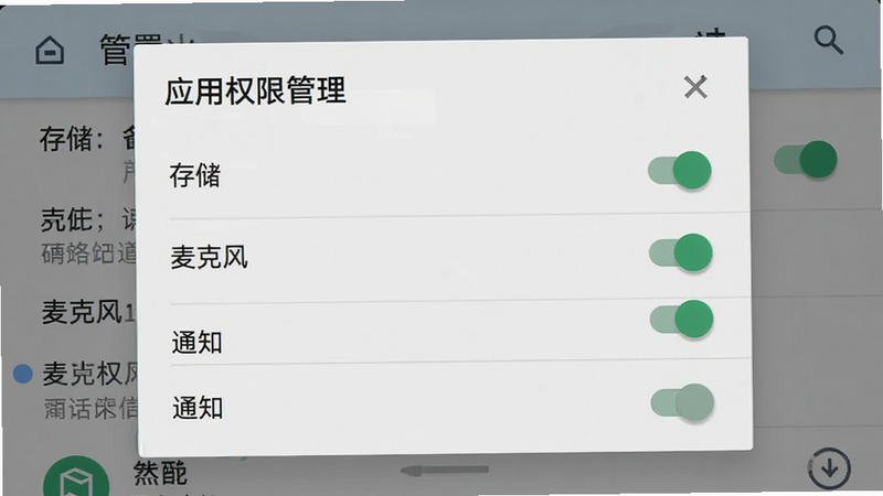 手机设置权限界面,主体为安卓系统“应用权限管理”弹窗,布局为列表形式,排版清晰,风格系统原生,细节显示“存储”、“麦克风”、“通知”等权限开关状态,画质清晰,干净,无多余元素
