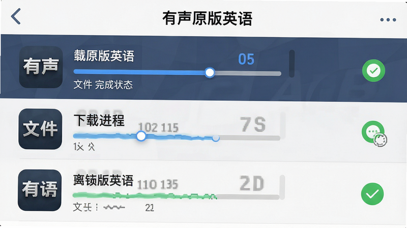 离线下载进度界面,主体为“有声原版英语”APP的下载管理页面,布局为垂直列表,排版清晰,风格商务简约,细节显示文件名称、下载进度条、文件大小、完成状态图标,画质锐利,干净,无多余元素