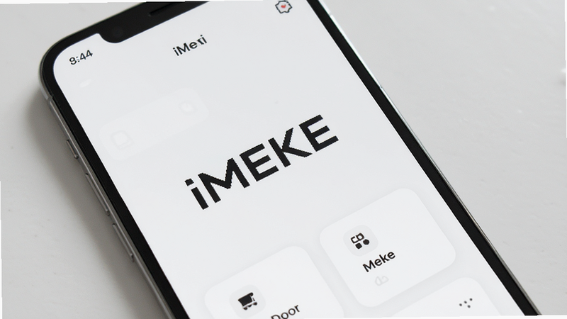 主体为一部现代智能手机,屏幕显示 iMEKE 应用的主界面,界面采用极简主义设计风格,色调以白色和浅灰色为主,中间有明显的“iMEKE”Logo,布局清晰,排版整齐,风格清新现代,细节处体现平滑的圆角卡片设计,画质高清,干净,无多余元素