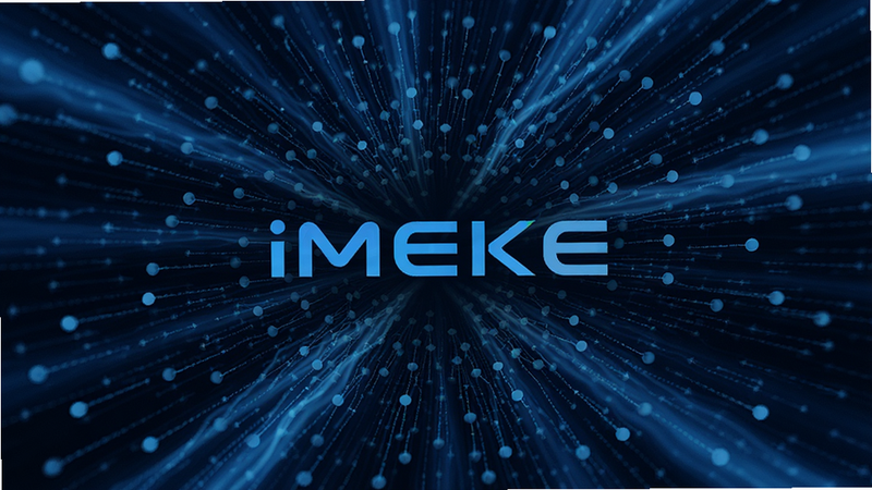 主体为抽象的科技感数据流图形,中心汇聚成 iMEKE 的图标,周围环绕着快速流动的蓝色光带,布局呈放射状,排版紧凑,风格充满科技感与速度感,细节展示数据节点的连接,画质清晰,干净,无多余元素