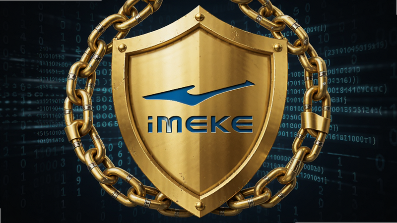 主体为一个金色的盾牌图标,盾牌中心有 iMEKE 的标志,周围环绕着锁链和数字代码,布局居中,排版稳重,风格安全可信,细节展示盾牌的金属质感和光泽,画质清晰,干净,无多余元素