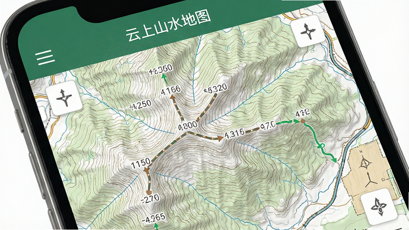 主体为“云上山水地图”离线地图界面特写,布局展示山地等高线细节,排版紧凑有序,风格写实地理测绘风,细节包含海拔数值标注与路径标记,画质清晰,干净,无多余元素