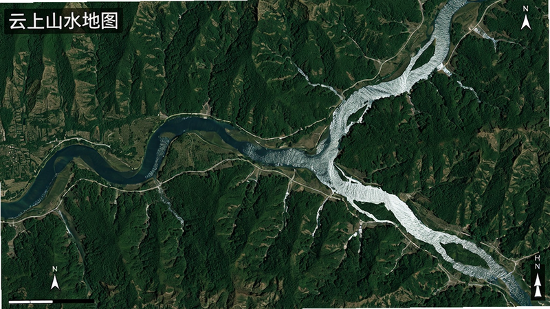 主体为“云上山水地图”卫星视图模式,布局展示森林与河流交汇处的俯瞰视角,排版居中突出地貌特征,风格真实遥感影像风,细节包含植被纹理与水系反光,画质逼真,干净,无多余元素