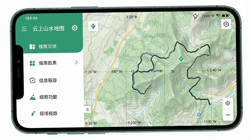 主体为手机屏幕显示的“云上山水地图”应用界面,布局清晰,左侧为功能菜单,右侧为山地地形等高线地图,风格扁平化现代科技风,细节包含经纬度网格与路线轨迹,画质高清,干净,无多余元素