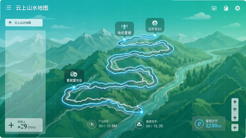 主体为“云上山水地图”轨迹回放界面,布局显示蜿蜒的山路轨迹线条,排版简洁直观,风格数据可视化风,细节包含时间戳与里程统计图标,画质明亮,干净,无多余元素
