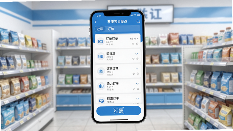 一张展示荐康客自提点APP界面的高清渲染图,主体为手机屏幕显示订单列表和扫码按钮,背景为整洁的社区便利店货架,色调清新蓝白,扁平化设计风格,细节清晰,4k画质,无多余元素