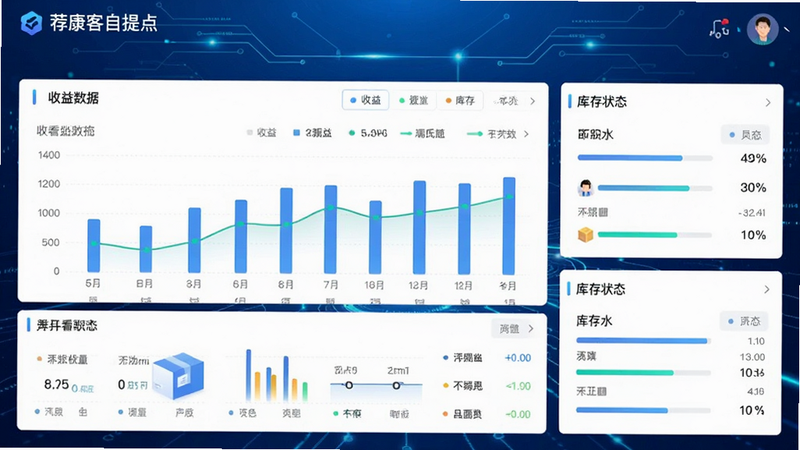 荐康客自提点APP后台数据看板界面预览,展示收益图表和库存状态,科技感蓝色背景,数据可视化清晰,界面整洁,高分辨率,无水印,无多余装饰