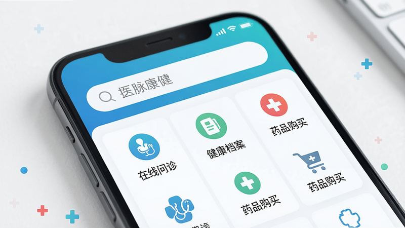 主体为手机屏幕显示医脉康健APP首页界面,布局清晰简洁,顶部搜索栏醒目,下方排列“在线问诊”、“健康档案”、“药品购买”等核心功能图标,排版整齐有序,风格现代科技感,细节处有医疗十字标志点缀,画质高清,干净无多余元素,文字包含“医脉康健”