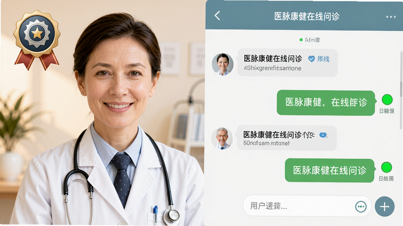 主体为医生头像与用户对话框界面,布局左右分屏,左侧显示医生资质认证徽章,右侧为聊天窗口,排版流畅自然,风格温馨专业,细节包含绿色“在线”状态灯,画质清晰,干净,文字包含“医脉康健在线问诊”