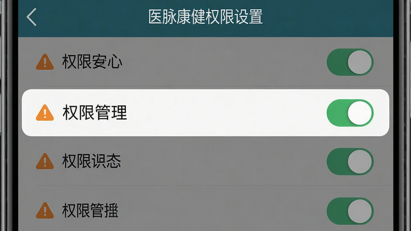 主体为手机设置界面截图,布局为列表式,高亮显示“权限管理”选项,排版清晰,风格扁平化,细节包含开关按钮与警示图标,画质清晰,干净,文字包含“医脉康健权限设置”