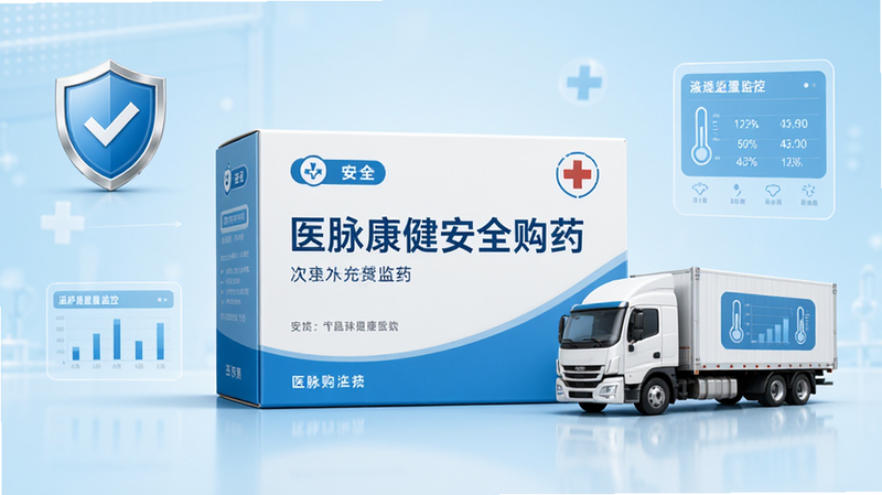 主体为药品包装盒与物流卡车示意图,布局中心对称,背景为浅蓝色医疗色调,排版简洁大方,细节包含盾牌安全图标与温度监控图表,画质精细,干净,文字包含“医脉康健安全购药”
