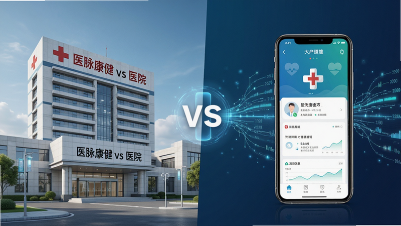 主体为医院大楼与手机APP对比示意图,布局左右对比,左侧为医院实景,右侧为APP界面,排版平衡,风格写实与数字结合,细节包含医疗十字与数据流线条,画质高清,干净,文字包含“医脉康健 vs 医院”