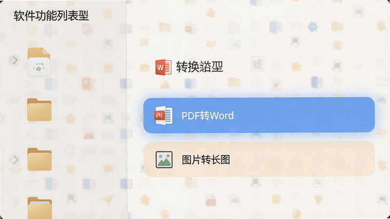 软件功能列表界面,左侧为文件类型图标,右侧为对应的转换选项,高亮显示“PDF转Word”和“图片转长图”选项,界面整洁,色彩柔和,高清,细节丰富