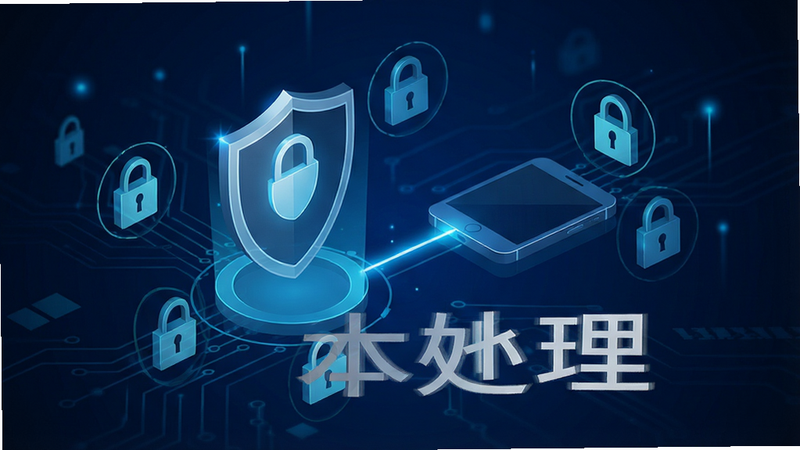 盾牌图标与手机连接示意图,周围环绕着锁形符号,代表数据安全,背景为深蓝色科技感光效,文字“本地处理”清晰可见,高清,极简风格