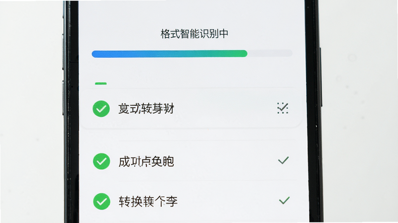 手机界面显示“格式智能识别中”的进度条,下方是成功转换的文件列表,打勾图标显示,界面明亮,清晰,高清,无杂色