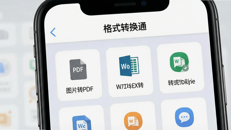 手机屏幕特写,显示“格式转换通”App的主界面,顶部为清晰的导航栏,中间是网格状的功能图标,包括“图片转PDF”、“Word转Excel”等模块,背景为干净的浅灰色渐变,UI设计扁平化,高清,无多余元素